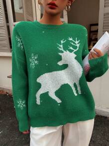 VIBEWAVE 女式圣诞驯鹿图案毛衣，休闲厚套头衫