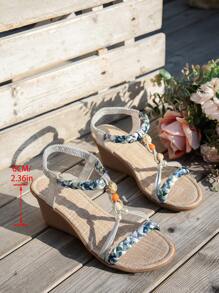 WRCVS 银色女士编织带凉鞋，夏季厚底坡跟凉鞋，手工串珠编织鞋，轻便度假凉鞋，波西米亚风坡跟鞋 - 銀色 - 查看 6