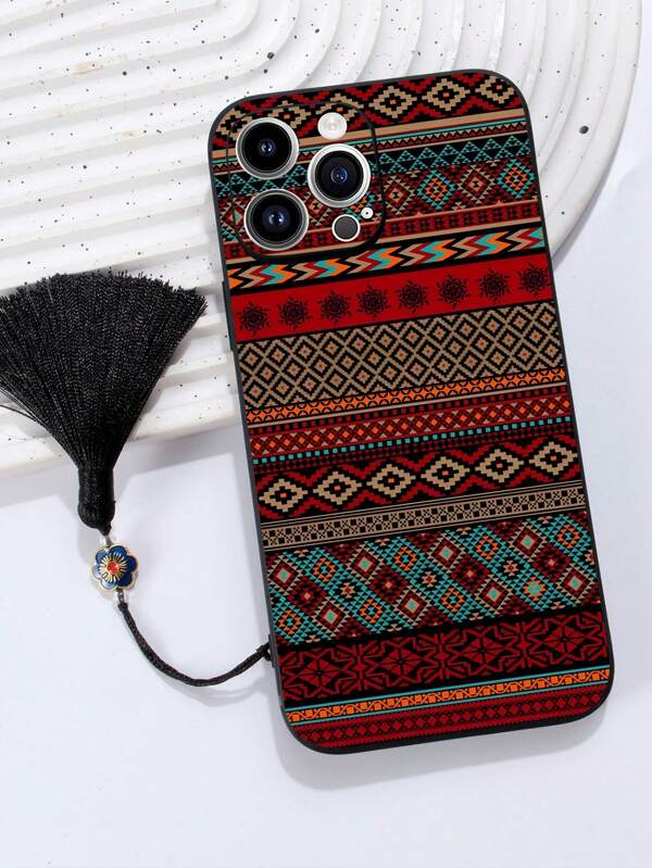 1pc Black TPU Classic Pattern Anti-Drop Phone Case And 1pc Black Tassel Enamel Lanyard, Compatible With IPhone Smartphones, Android Phones, OPPO Etc.