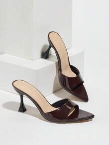 Zapatos de tacón alto para mujer para fiesta, discoteca y eventos al aire libre - Puntera afilada, piel patentada brillante, material colorido, mules sexy, elegante color marrón café