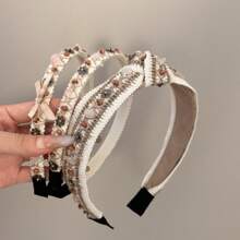 1pc Boho Linen Thin Headband With Wooden Beads And Gems, All Season Decor Headwrap,Hairband,Hair Hoop