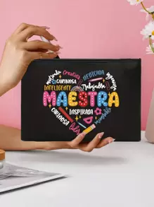 Maestra Theme Handbag And Cosmetic Bag Set, Includes 1 Linen Tote Bag And 1 Zipper Cosmetic Bag, With Scarf And Shoulder Strap, Can Be Used As Handbag, Shoulder Bag, Large Capacity Linen Shopping Bag, Heart Pattern And Pencil Case - Multicolor - View 4