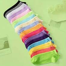10/5 pares Calcetines cortos para mujer de colores caramelo con estampado de corazones y rayas - Mezcla de poliéster transpirable, con detalle acanalado, para uso casual y de moda