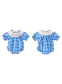 Baby Girl Short Sleeve Romper Letter Embroidered Plaid Smocked Round Neck Ruffled Summer Jumpsuits - Blue - View 7