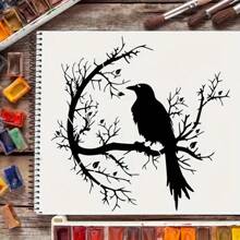 1pc Large-Sized Raven Silhouette On Branch Painting Stencil, Reusable DIY Art Template For Wall, Fabric, Home Decor, Plastic Template, Crafts & Sewing Supplies, PET Material