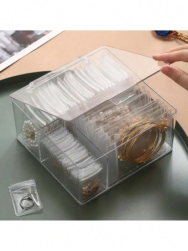 1 Set Of 3-In-1 Acrylic Jewelry Storage Box With 60 Carrying Bags - Plastic Storage Box For Earrings, Rings, Necklaces, Bracelets - Travel Friendly Jewelry Storage Box With Dividers