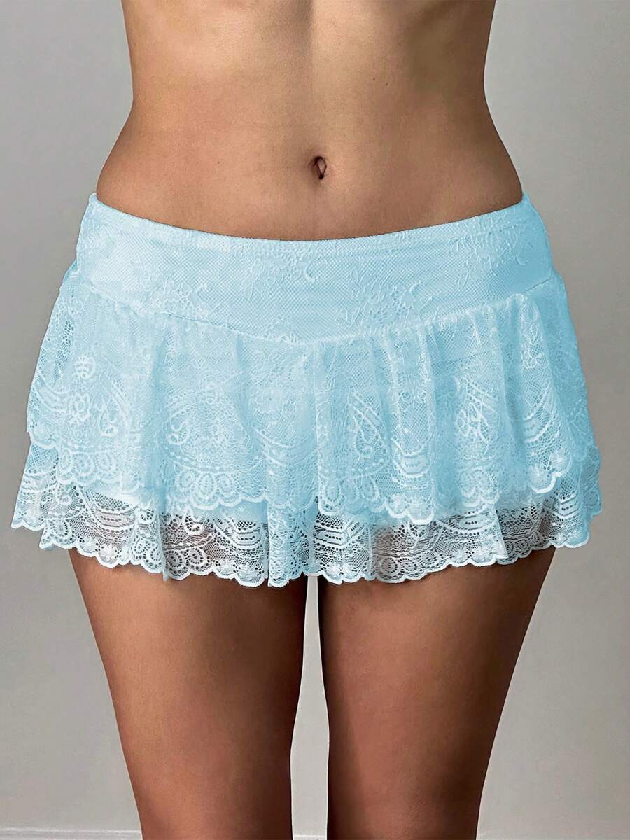 Women Y2K Lace Mini Skirt Summer Casual Going Out Skirt Cute Solid Color Low Waist Lace Ruffled Skirt With Lined Shorts Beach Vacation Skirt - 天藍色 - 查看 1