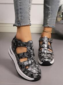 Women's Thick Sole Platform Sandals, Wedge Heel Slip-Resistant Closed Toe Roman Style Sandals, 2025 New Fashion Casual Summer Hollow Out Printed Beach Shoes, Comfortable Thick Bottom Shoes For Petite