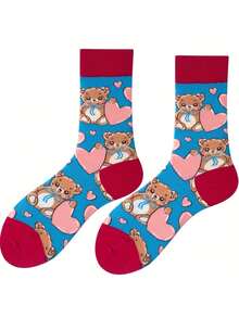1 pereche de șosete albastre cu urs și inimă de desene animate manșetă roz, ilustrație drăguță a ursului cu design de inimă, șosete casual - Multicolor - Vizualizare 3