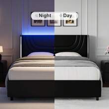 Modern LED Upholstered Bed Frame With Silver Wingback Headboard – Soft PU Leather, Platform Design, Easy Assembly, Twin Bed Frame / Full Bed Frame/ Queen Bed Frame / Twin /Full / Queen Size Bed Frame, Black/Pink/Beige (USB LED Strip) - 黑色 - 查看 4