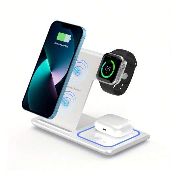 AmSengo 15W LED Fast Wireless Charger Stand 3 In 1 Foldable Charging Station Compatible With Iphone 16 15 14 13 12 11 9 8 7 6 5 Pro Compatible With IPhone 16 15 14 13 12 11 X 8 Pro Max/Pro/Mini/Plus, Compatible With Apple Watch Compatible With Airpods Suitable For Office, Dorm, And Home