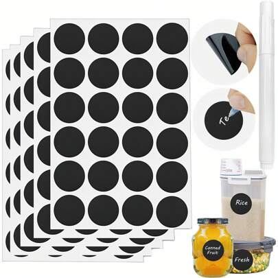 120 piezas de etiquetas circulares de pizarra reutilizables de 1.5 pulgadas, con 1 bolígrafo blanco marcador | Adecuado para frascos de almacenamiento, botellas de especias, fiestas, sala de manualidades, bodas, organización de la cocina del hogar | Diseño impermeable y a prueba de polvo, fácil de escribir y limpiar