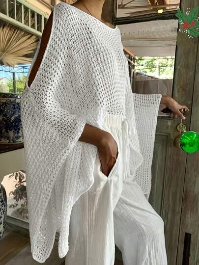 Solid Color Hollow Out Batwing Sleeve Loose Casual Cover Up Versatile Knit Pullover Top