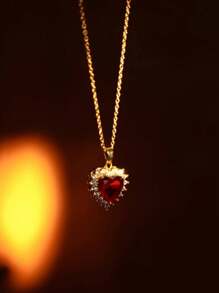 1 件时尚女士微镶嵌红宝石心形吊坠项链，高端百搭风格 - 金色 - 查看 4