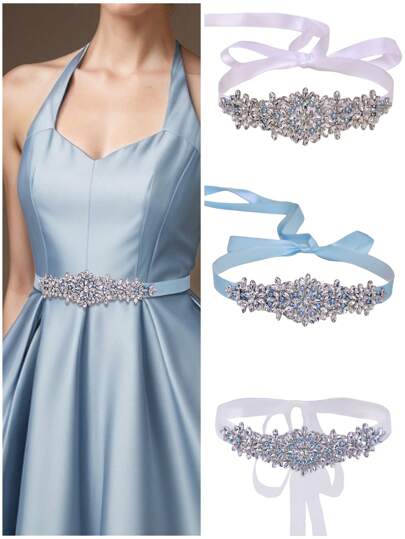 1件时尚新娘婚纱腰带，浅蓝色珍珠装饰，手工水晶水钻腰带，适合派对、正式礼服、情人节等场合佩戴。
