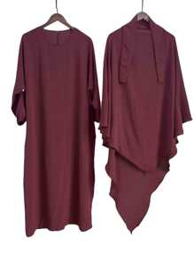 1 Set Solid Color Breathable Fabric Women Hijab And Muslim Abaya, Suitable For Women's Daily Wear For Dress - Black - View 12