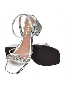 Elegant Geometric Stonework Chunky Block Heel Sandal - 銀色 - 查看 3