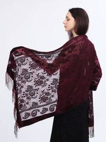 1pc Women's Knit Solid Color Paisley Floral Handmade Floral Lace Fringe Scarf, Fashion Soft Warm Shawl Wrap For Party, Versatile All Season - Lace Cashew - View 8