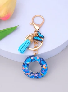 1pc Women's Initial Letter Black Butterfly Glitter Crystal Resin Epoxy Keychain With Butterfly Tassel Decor
