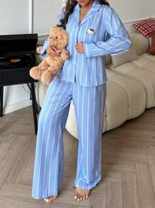 Sanrio 2pcs Hello Kitty Women Collared Button Down Long Sleeve Shirt And Elastic Waist Pants Sleepwear Lounge Set, Winter Clothes