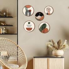 Conjunto de 5 piezas de decoración de pared con arte de plantas de atardecer. Decoración de pared de madera para sala de estar, cartel colgante estilo bohemio, granero, decoración geométrica minimalista para dormitorio