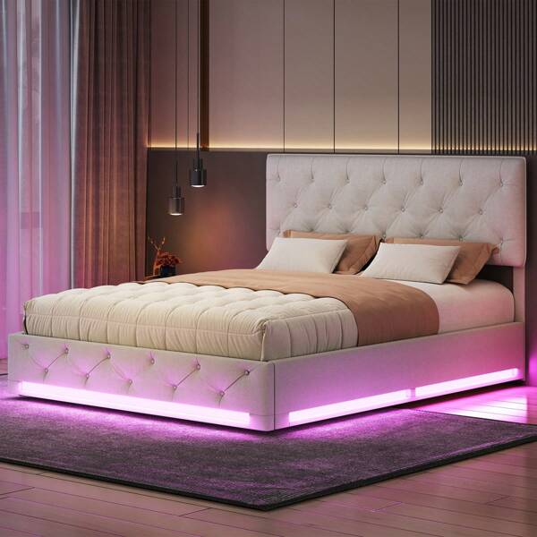 Gepolstertes Bett, 160 x 200 cm,  Polsterbett mit Stauraum, LED Doppelbett Jugendbett mit Bettkasten, mit Kopfteil und Lattenrost, ohne Matratze, Beige
