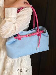 FEISTURE 1 件春夏时尚拼布牛仔手提包，大容量单肩包，带磁性按扣，适合女孩、女士、大学生、年轻专业人士，非常适合工作、商务、通勤、学校 - 淺藍色 - 查看 8