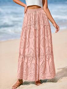 Women's Casual Lace Embroidery Eyelet Elastic High Waist Tiered A-Line Flowy Long Skirt Summer Boho Bohemian Beach Spring Holiday Vacation Going Out Valentine Long Maxi Skirt Outfits - 粉色 - 查看 3