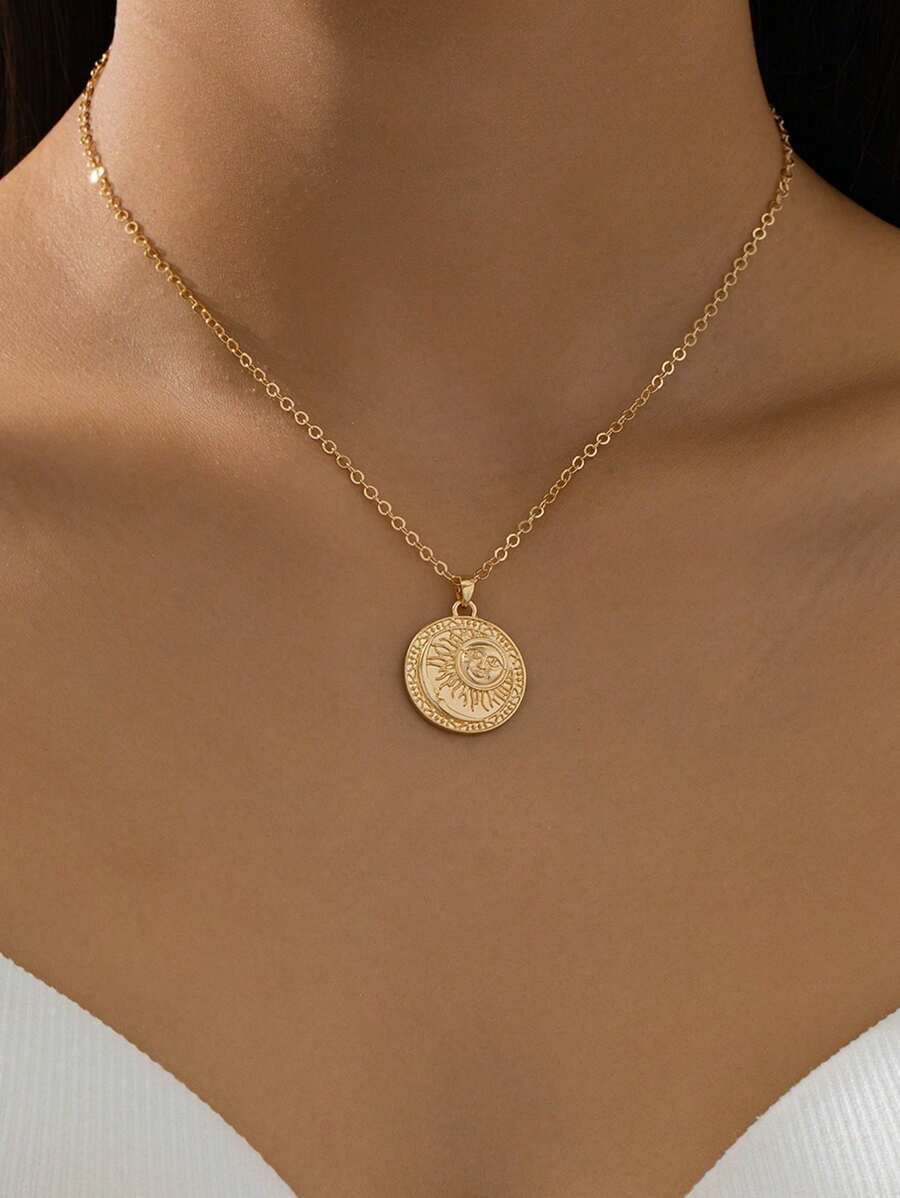 1 件女士传统复古风格太阳吊坠项链 - 金黃色 - 查看 1