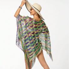 1 mảnh khăn choàng che tay áo viền xẻ viền vàng và bạc dùng cho đồ bơi đi biển, khu nghỉ dưỡng - Tím vàng xanh lá cây - Xem 3