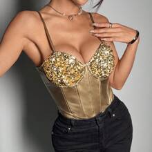 Women's Sparkly Sequin Leotard Rompers Deep V Neck Spaghetti Strap Backless Bodysuit Party Jumpsuit - Yellow - View 4