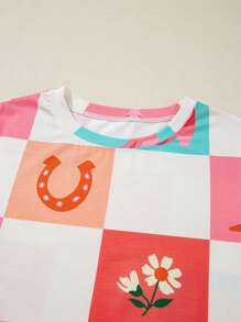 Acelitt Western Style Colorful Plaid Floral Print Round Neck T-Shirt Vacation Casual - Multicolor - View 6