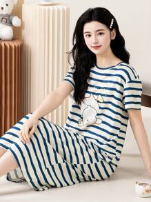 AICJ 1 pieza Vestido camisón casual de media longitud con cuello redondo, manga corta, estampado de rayas y gráfico de letras, adecuado para primavera, Día de la Madre, San Valentín, Año Nuevo