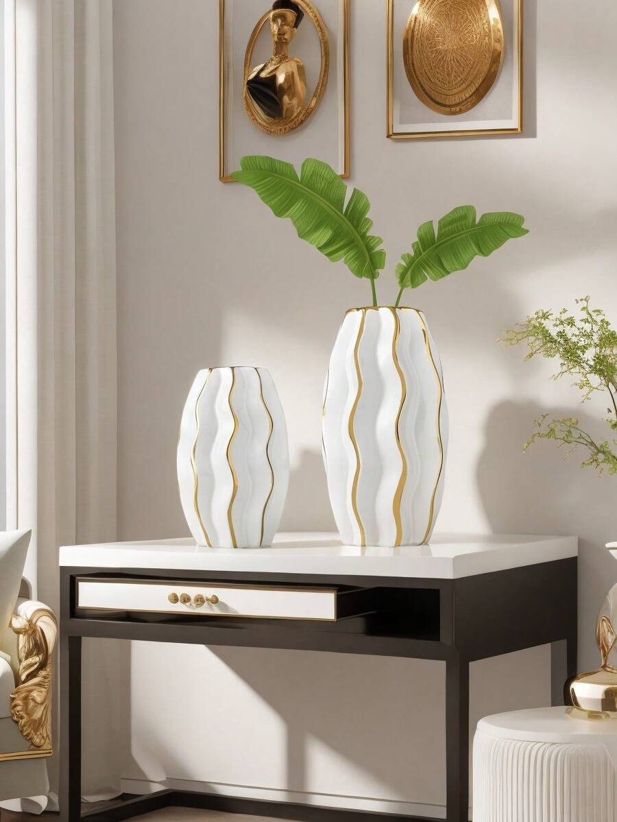 Luxury Electroplated Rhombic Black Gold Ceramic Vase, Decorative Home Accessory For Living Room, Floral Decor, TV Cabinet, Office, Dry Flower Display Gifts Birthday Graduation - White Gold - View 1