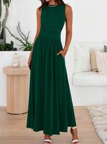 Women Sleeveless Maxi Dresses Crew Neck High Waisted Patchwork Ruched Tank Summer Dress With Pockets Beach Holiday Vacation Valentine - 深綠色 - 查看 1