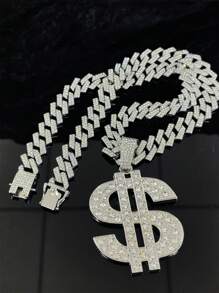 Retro Hip Hop Fashion Dollar Symbol Large Chain Necklace With Zirconia Pendant For Men And Women, Gift For Boyfriend Christmas Party And Festival - Holding US Dollars - View 2