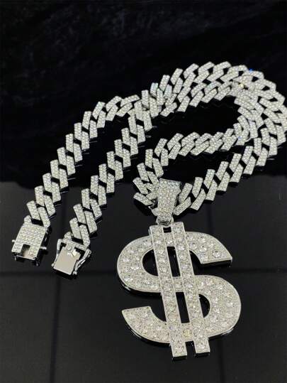 Retro Hip Hop Fashion Dollar Symbol Large Chain Necklace With Zirconia Pendant For Men And Women, Gift For Boyfriend Christmas Party And Festival