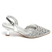 Pumps With Small Heels Decorated With Floral Rhinestones - Silver - View 2