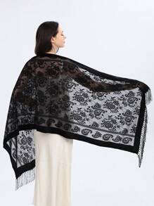 1pc Women's Knit Solid Color Paisley Floral Handmade Floral Lace Fringe Scarf, Fashion Soft Warm Shawl Wrap For Party, Versatile All Season - Lace Cashew - View 3