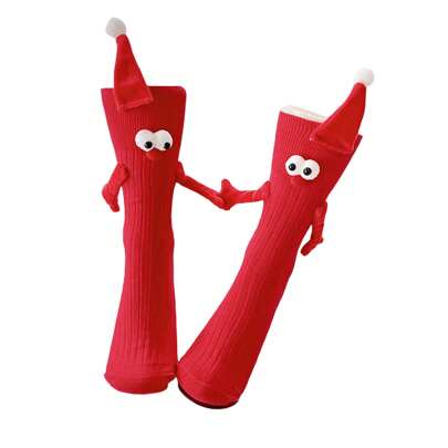 Couple Holding Hands Christmas Socks, Magnetic Suction 3D Cartoon Doll Family Matching Sock, Mid-Tube Cute Socks For Adults