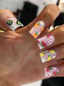 24pcs Short Square Shiny Press-On Nails, Cute White Flower & Fruit Series (Strawberry, Orange) Green Nails, Full Cover Removable Nail Art Supplies, Includes 1pc Jelly Gel And 1pc Nail File, Decorate Your Nails And Elevate Your Fashion, Women Nail Gift, Suitable For Ladies And Girls In School, Office, Party And Daily Wear