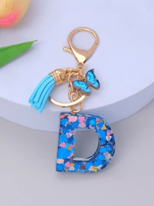 1pc Women's Initial Letter Black Butterfly Glitter Crystal Resin Epoxy Keychain With Butterfly Tassel Decor