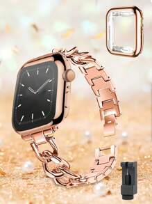 Combo set de boîtier et de bracelet compatible avec en 2 en 1, couleur or rose, coque de protection en TPU doux couvrant entièrement, protecteur d'écran anti-rayures, bracelet en métal réglable, convient pour