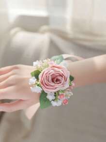1 件粉红玫瑰配粉红满天星优雅腕花，适合婚礼装饰、庆典、周年纪念、活动和派对 - 粉色 - 查看 1