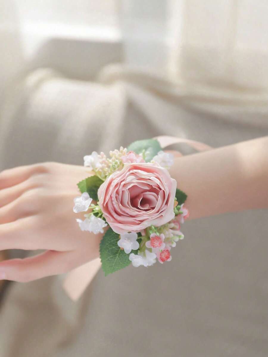 1 件粉红玫瑰配粉红满天星优雅腕花，适合婚礼装饰、庆典、周年纪念、活动和派对 - 粉色 - 查看 1