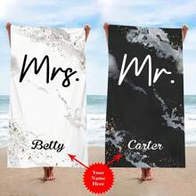 1pc Personalized Mr. & Mrs. Beach Towel - Modern Microfiber Rectangular Towel, Custom Name Printing, Lightweight Absorbent Knitted Fabric, Suitable For Weddings, Anniversaries, Birthdays And More Summer Holiday Bathroom Decor Travel Essentials Travel Accessories Beach Essentials