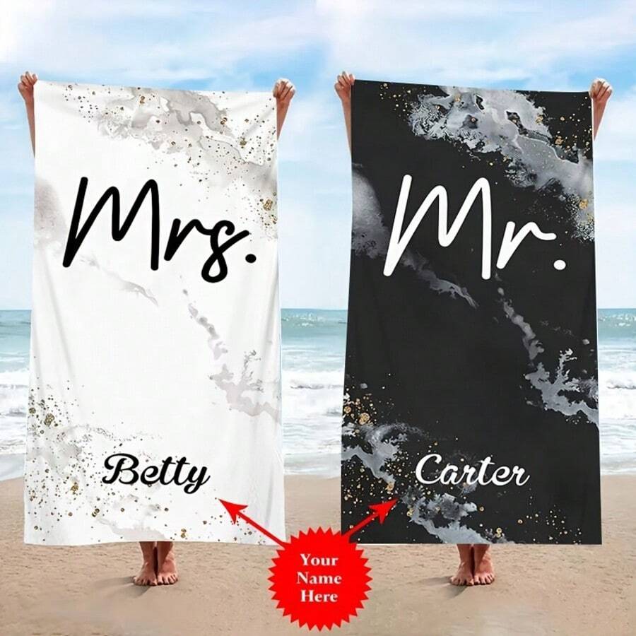 1pc Personalized Mr. & Mrs. Beach Towel - Modern Microfiber Rectangular Towel, Custom Name Printing, Lightweight Absorbent Knitted Fabric, Suitable For Weddings, Anniversaries, Birthdays And More Summer Holiday Bathroom Decor Travel Essentials Travel Accessories Beach Essentials