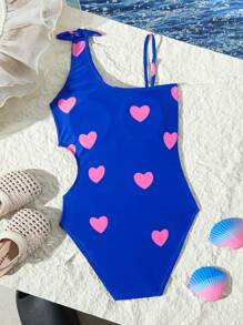 Heart Print Hollow Waist One-Piece Swimsuit, Girly Style - Multicolor - View 5