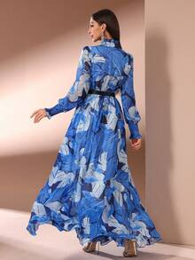 Women Printed Long Sleeve Casual Long Dress - Blue - View 2
