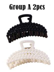 2/4/6 件时尚仿珍珠闪亮指甲片发夹爪夹发夹发夹发夹发夹发夹发夹，学校用品，学院，珍珠发饰秋冬度假装女士 - 黑與白 - 查看 9